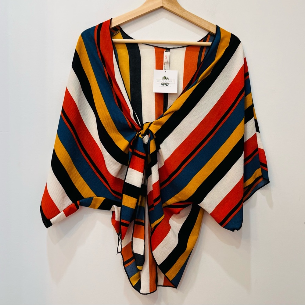 NWT M2D boutique Blouse Striped Orange Blue Tie Front Shaw Cali size sma…